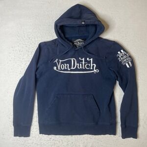 Von Dutch Mens Navy Blue Embroidered Logo Pullover Hoodie Size Medium Y2K Style